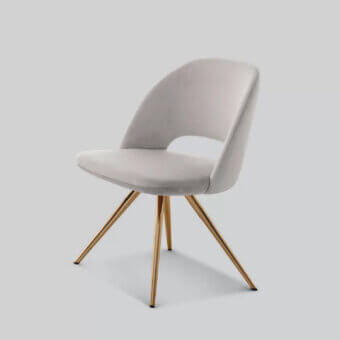 Superior Ivano Antonello Italia Letizia dining chair with enveloping curved shell in pale grey fabric and polished golden metal legs