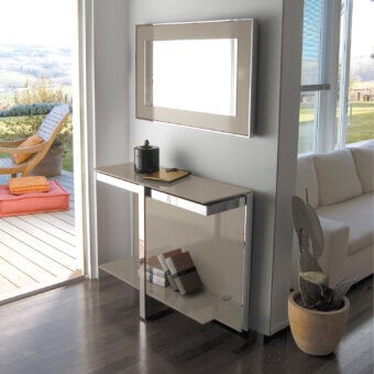 Distinguished Ivano Antonello Italia Manta console with clear glass panels and a polished metal frame crafted in Italy