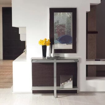 Superior Ivano Antonello Italia Manta console crafted with dark wood, steel, rotating metal drawers and tempered glass shelves