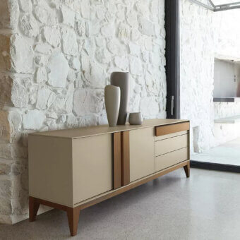 Distinguished Ivano Antonello Italia Olimpia sideboard with lacquered wood, warm wood accents and refined detailing