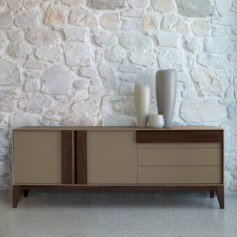 Elegant Ivano Antonello Italia Olimpia sideboard crafted with lacquered wood and warm wood details in a beige tone