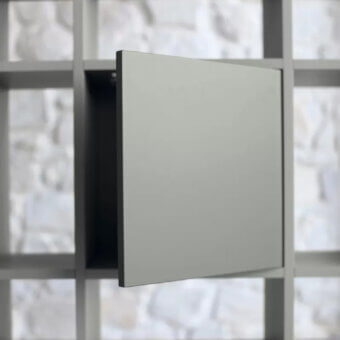 Superior Ivano Antonello Italia Plaza bookcase with lacquered wood and flush-mounted doors in a matte neutral gray finish