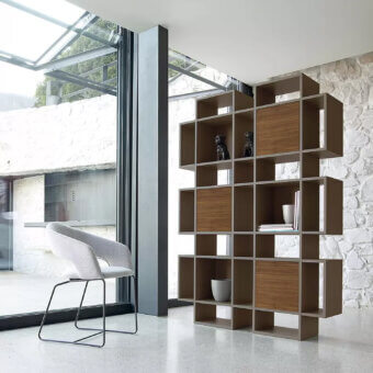 Sophisticated Ivano Antonello Italia Plaza bookcase with lacquered wood, satin finish and natural wood grain