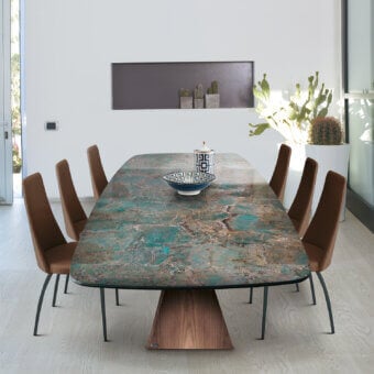 Distinguished Ivano Antonello Italia Rialto dining table with mottled teal, grey, and brown ceramic top and painted metal base