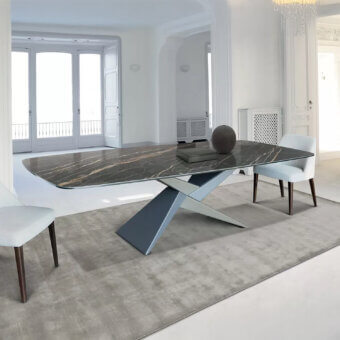 Elegant Ivano Antonello Italia Rialto dining table with dark grey veined ceramic and muted grey-blue painted metal base