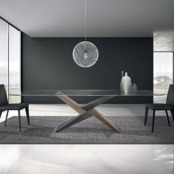 Distinguished Ivano Antonello Italia Rialto dining table with intersecting brown painted metal base and smooth satin glass top
