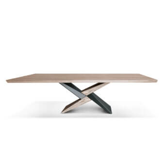 Distinctive Ivano Antonello Italia Rialto dining table with a geometric painted metal base and satin wood tabletop showcasing visible grain