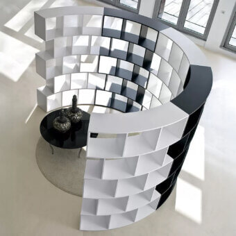 Exceptional Ivano Antonello Italia River bookcase with a spiral form in white and black wood-based material and matte lacquer finish