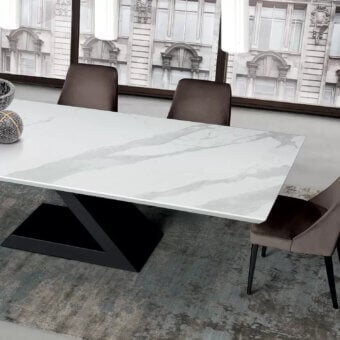 Distinguished Ivano Antonello Italia Zagor dining table with glossy ceramic and matte dark-toned painted metal base