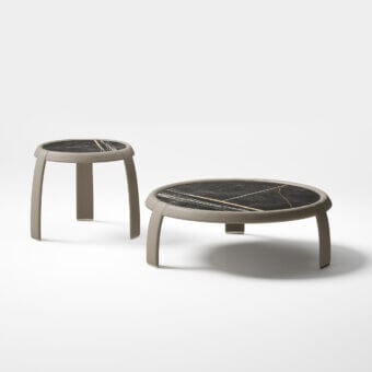Distinguished Capital Omega coffee table with round marble tabletop and gray leather clad structure