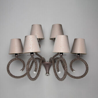 Superior Patrizia Garganti 1180 wall lamp with twisted silver-tone metalwork embracing six neutral beige conical lampshades