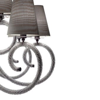Superior Patrizia Garganti 1180 chandelier exhibiting a swirling design in dark metal with muted gray conical shades and crystal