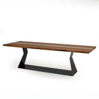 Exceptional Riva 1920 Bedrock Plank C table with walnut and translucent resin highlighting organic live edges in a matte black iron base