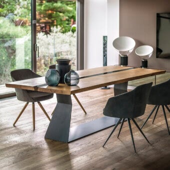 Superior Riva 1920 Bedrock Plank C table built with walnut or oak and translucent resin fissure in a dark matte geometric iron base