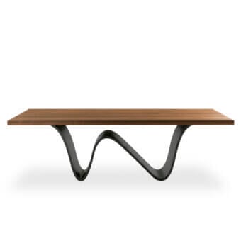 Exceptional Riva 1920 Bree e Onda table with warm brown wood grain and dark sculpted legs in satin finish