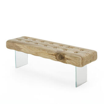 Avant-garde Riva 1920 Giacinto bench crafted in warm beige scented cedar wood with carved capitonné texture and transparent glass legs