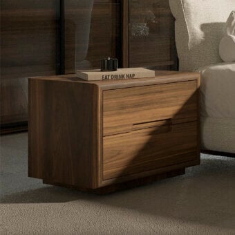 Exceptional Riva 1920 Sospiro nightstand crafted in warm medium-toned brown solid wood and blockboard with recessed pulls