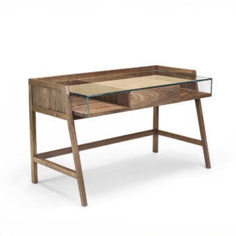 Distinguished Riva 1920 Writing Desk crafted in medium-dark wood with a satin finish and sleek tempered glass top