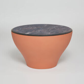 Distinguished Serralunga Drum coffee table with terracotta recyclable LLDPE and Black Marble high-pressure laminate top