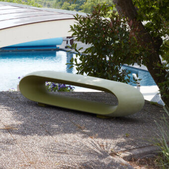 Superior Serralunga Loop Bench molded from LLDPE with a luxurious lacquered finish presents a contemporary olive green form