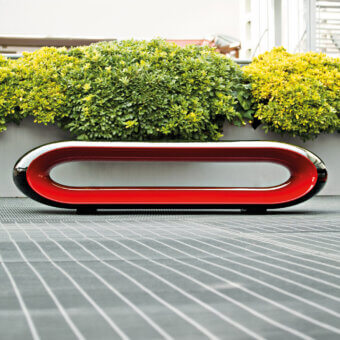 Exceptional Serralunga Loop Bench molded from durable LLDPE with a lacquered finish in red, white and dark gray