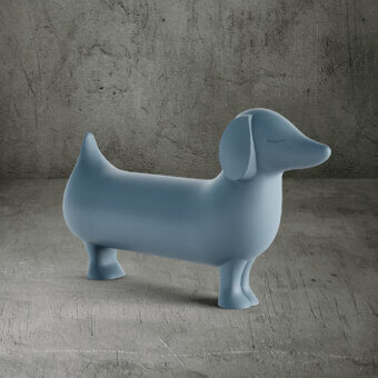 Elegant Serralunga Otto sculpture with dachshund form in muted blue-grey LLDPE plastic and textured Moleskin finish
