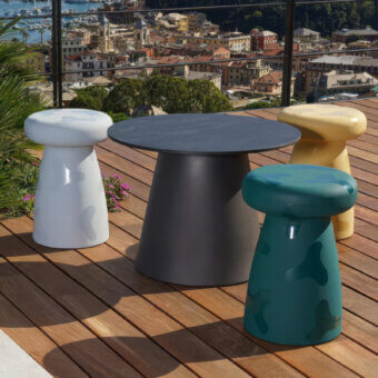 Distinctive Serralunga Porcino stool crafted in durable LLDPE plastic with a tactile Moleskin texture and mottled teal finish