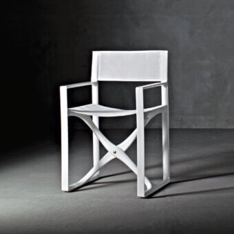 Distinguished Serralunga Regista armchair with a sleek white polyamide frame and durable Batyline fabric construction