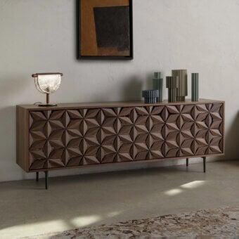 Exceptional Tonin Casa All Star sideboard with geometric solid wood petals over mirrored surfaces and satin medium-dark brown finish