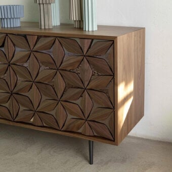 Luxury Tonin Casa All Star sideboard with geometric solid wood petals over mirrored surfaces in medium-toned brown satin finish