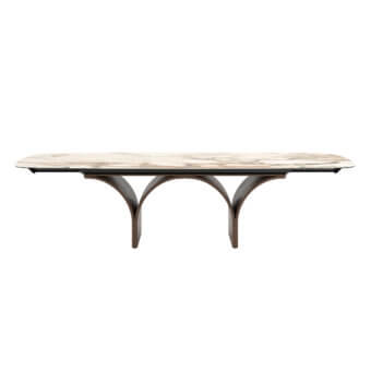 Superior Tonin Casa Arco Ext table with light grey and beige veining in marble-effect ceramic and satin-finish thermo-curved wood