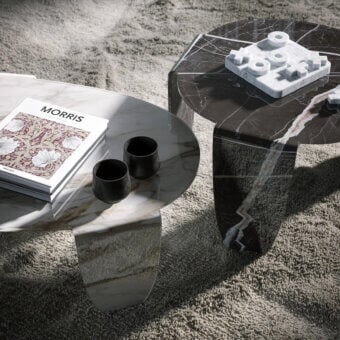 Distinguished Tonin Casa Arturo coffee table crafted in moulded glass with dark supports and a refined Calacatta finish