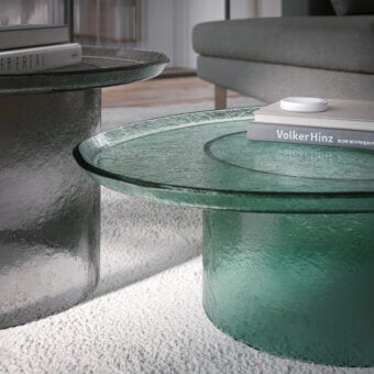 Exceptional Tonin Casa Atollo coffee table crafted in teal lacquered glass with hammered texture and gradient coloration