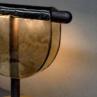 Superior Tonin Casa Dali lamp with organically curved translucent amber fused glass and satin-finish solid oak wood stems