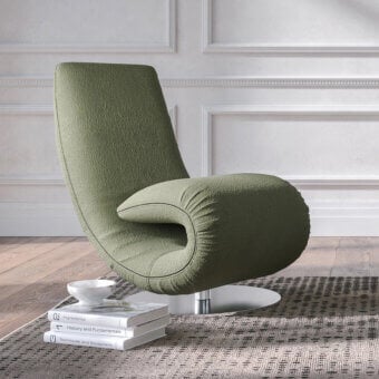 Elegant Tonin Casa Ricciolo lounge chair to chaise in muted olive green Orchidea elastic fabric with polished metal base