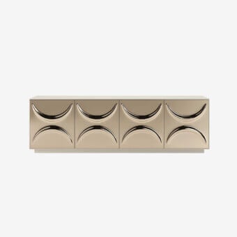 Exceptional Tonin Casa Selene sideboard crafted in Italy with curved gold-toned drawer fronts and glossy metallic finish