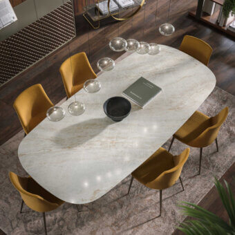 Elegant Tonin Casa Simposio table with durable ceramic and metal, exhibiting beige veining and a matte finish