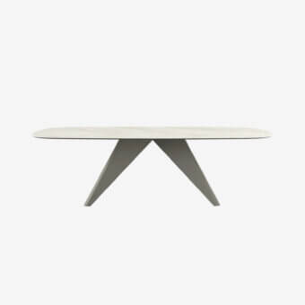 Distinguished Tonin Casa Simposio table with light grey-white ceramic and muted grey metal, displaying geometric precision