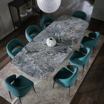 Elegant Tonin Casa Sipario Ext table with gray and bluish-gray ceramic and striking white veining in a polished glossy finish