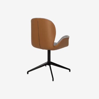 Elegant Tonin Casa Sorrento Ésprit armchair upholstered in medium-brown synthetic leather with checkered gray textile armrests and a black painted aluminum base