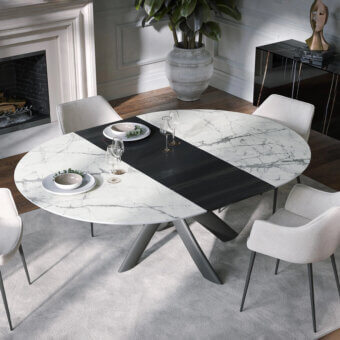 Exclusive Tonin Casa Style round table with ceramic top exhibiting white and grey veining and painted steel base