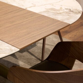 Superior Tonin Casa Style round table with ceramic and wood covered tabletop in satin finish and dynamic painted steel base