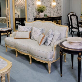 Luxury Bellotti Ezio 25‑1040 sofa with blue‑silvery upholstery, gold leafed frame, cabriole legs and ornate backrest