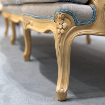 Sophisticated Bellotti Ezio 25‑1040 sofa in pale gray textile with light blue braided trim, solid wood frame finished in OCH patinated gold leaf