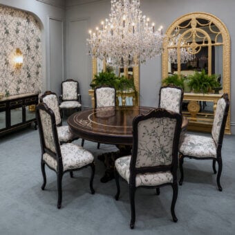 Prestige Bellotti Ezio dining table round black lacquered tempera, aged gold accents, ebony‑eucalyptus‑walnut top with birch stringing and pearl leaf inlays