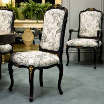 Luxury Bellotti Ezio dining chair with white textile muted green grey floral, black lacquered tempera brush frame, carved backrest cabriole legs gold filigree