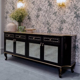 Prestige Bellotti Ezio sideboard ebony walnut veneers aquamarine birch pearl leaf inlays black lacquer gold accents