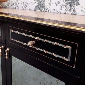 Luxury sideboard with ebony and canaletto walnut, lacquered tempera finish, aquamarine birch stringing, mother‑of‑pearl inlays