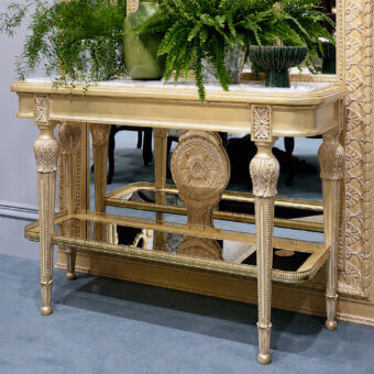 Luxury Bellotti Ezio console with gold leaf, Calacatta Gold marble top, mirror lower shelf, carved floral rosette motifs