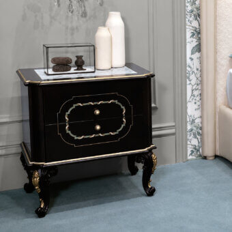 Exclusive Bellotti Ezio nightstand with ebony black lacquered tempera body, Antigua marble top, canaletto walnut, birch fillet